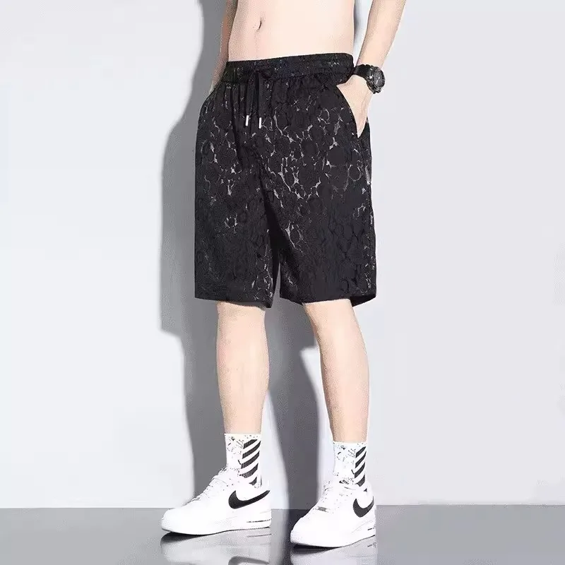 Summer thin jacquard ice silk quick drying shorts for men with a sense of luxury, loose and breathable, versatile, casual and sp