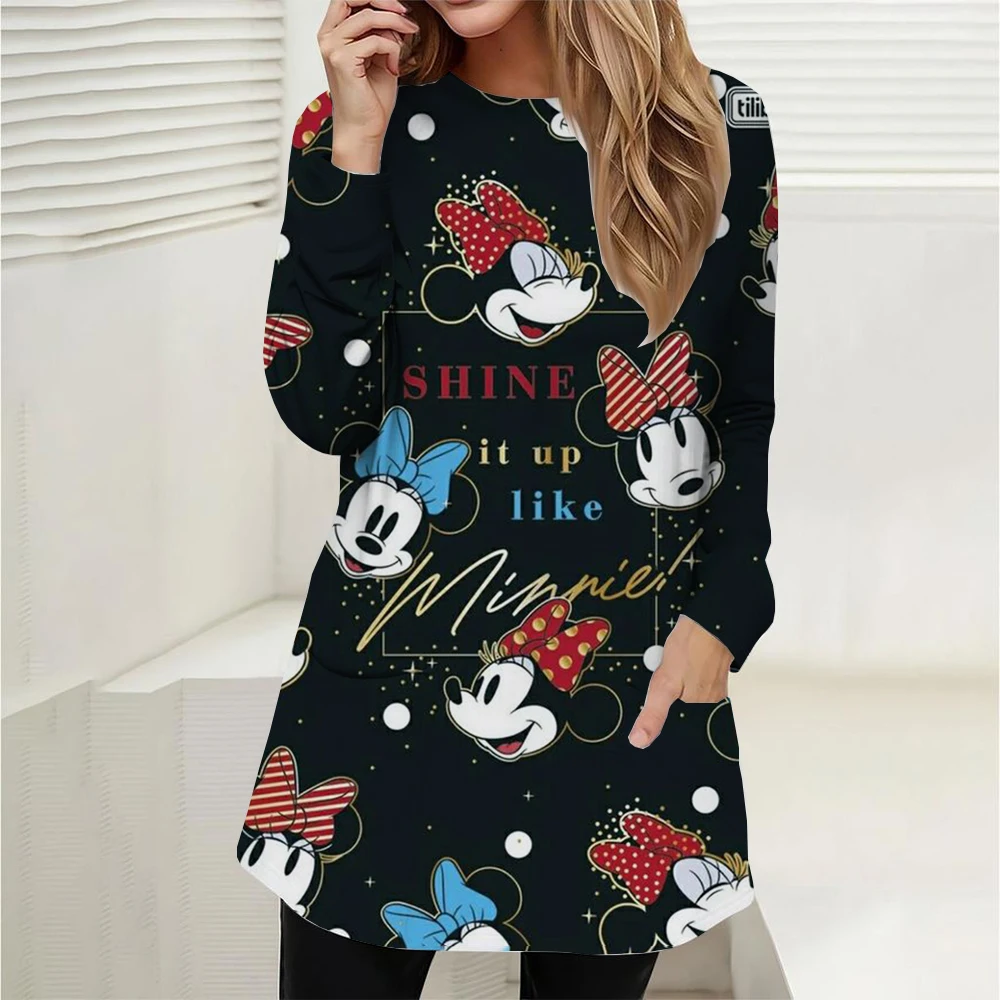 Oversized round neck loose casual pocket T-shirt for women, long sleeved Disney Mickey Mouse printed pullover for women, fashion