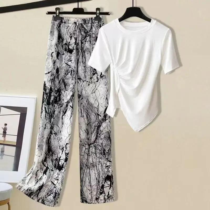 2023 Summer Cool Ice Silk Design Sense Caution Machine Short Sleeve T-shirt and Casual Wide Leg Pants Fashion Set Two Piece Set