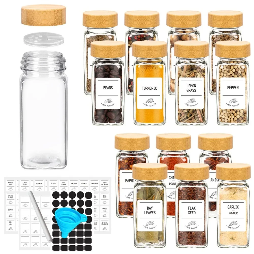 Frascos de especias de vidrio con tapas de bambú, 12 Uds., incluyen con etiquetas de especias minimalistas, pegatinas, embudo plegable, juego de tarros de especias de cocina