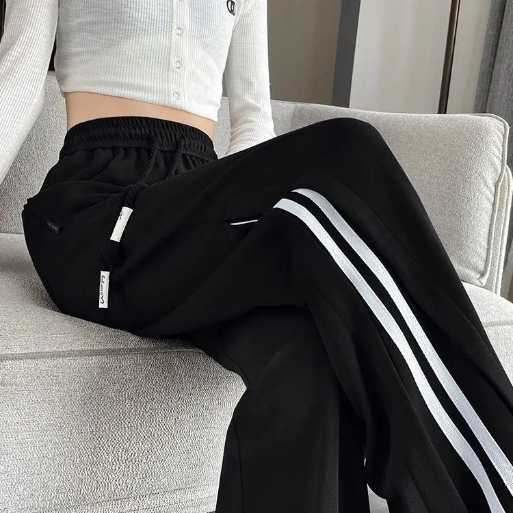 Spring Autumn Women Casual Striped Sports Pants Korean Fashion New Elastic High Waist Versatile Loose Basic Straight Trousers