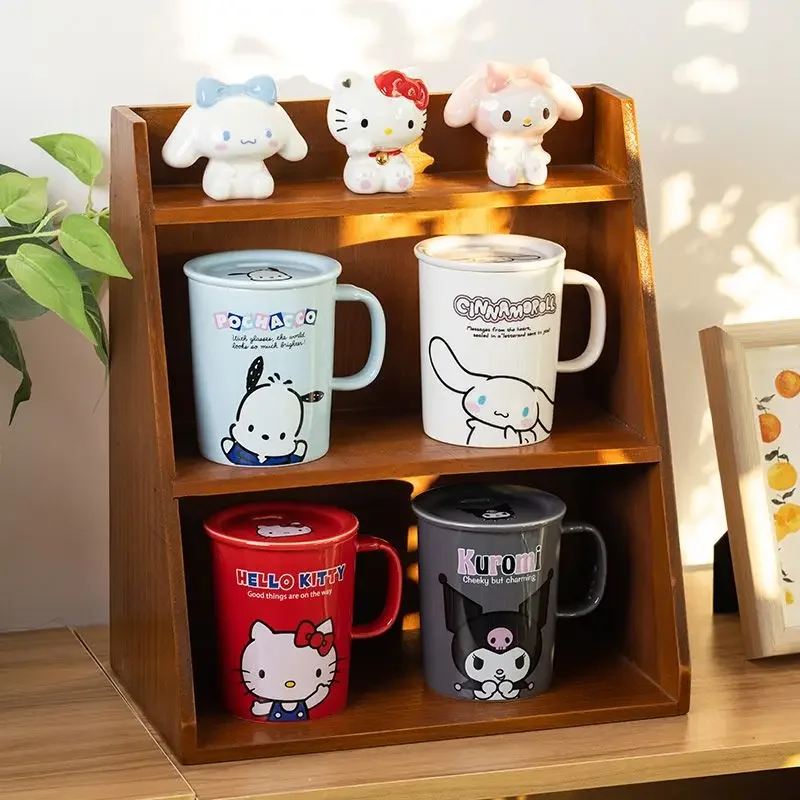 HELLO KITTY series kawaii mug cartoon cute Cinnamoroll Kuromi My melody household ceramic water cup with lid and spoon wholesale