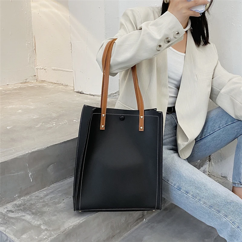 Hifashion 2 Pcs/Set Large Shoulder Tote Bags For Women 2023 Trend Designer Shopper PU Leather Ladies Work Handbags Beige Black