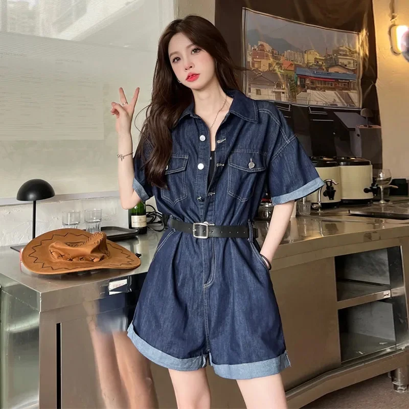 Z66 baju monyet lengan pendek Denim biru, celana pendek kasual wanita, Retro pinggang cuci temperamen longgar warna polos musim panas 2023