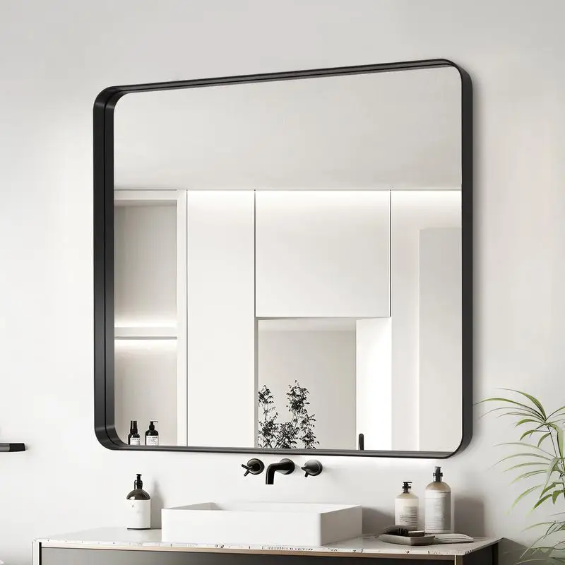 

38x38 Inch Black Aluminum Frame Bath Mirror - Modern Design for Home and Spa Decor