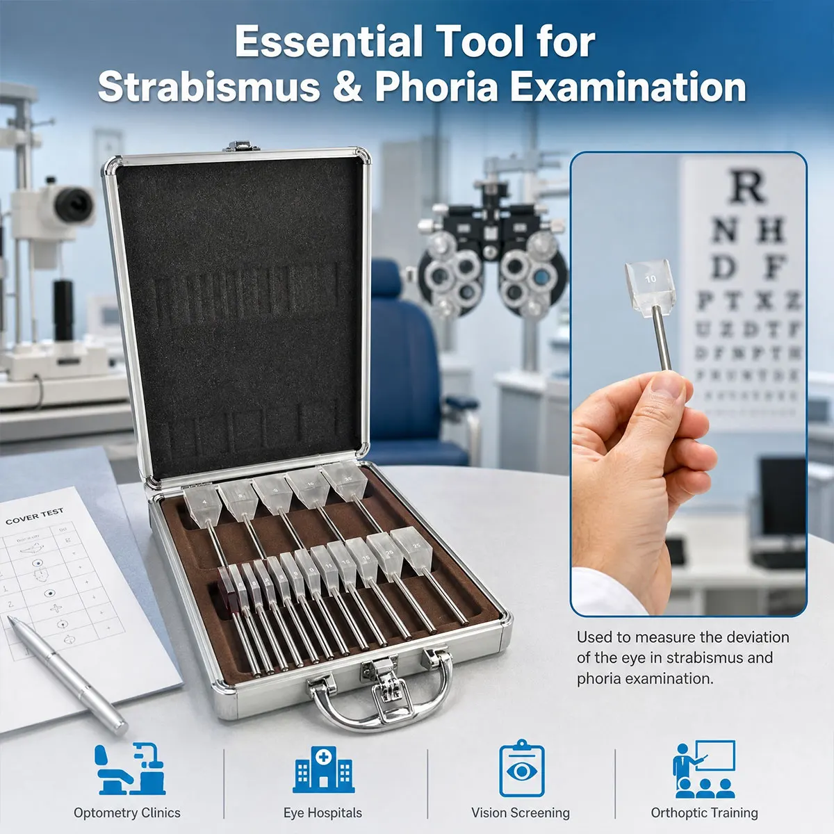 LP-16H Ophthalmic Optical Optometry Glass Loose Prism Bars Stainless Steel Handle Kit Set Aluminum Case Packed