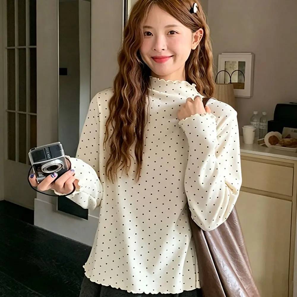 New Half High Collar Polka Dot Top Slight Stretch Polyester Blend Long Sleeve Top Slim Fit Turtleneck Shirt Everyday Wear
