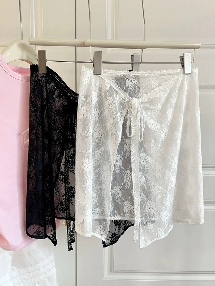 

Белая женская весенняя юбка А-силуэта с цветочным кружевом, поясом, высокой талией, многослойная, с кружевной оборкой и декоративной накладкой сзади