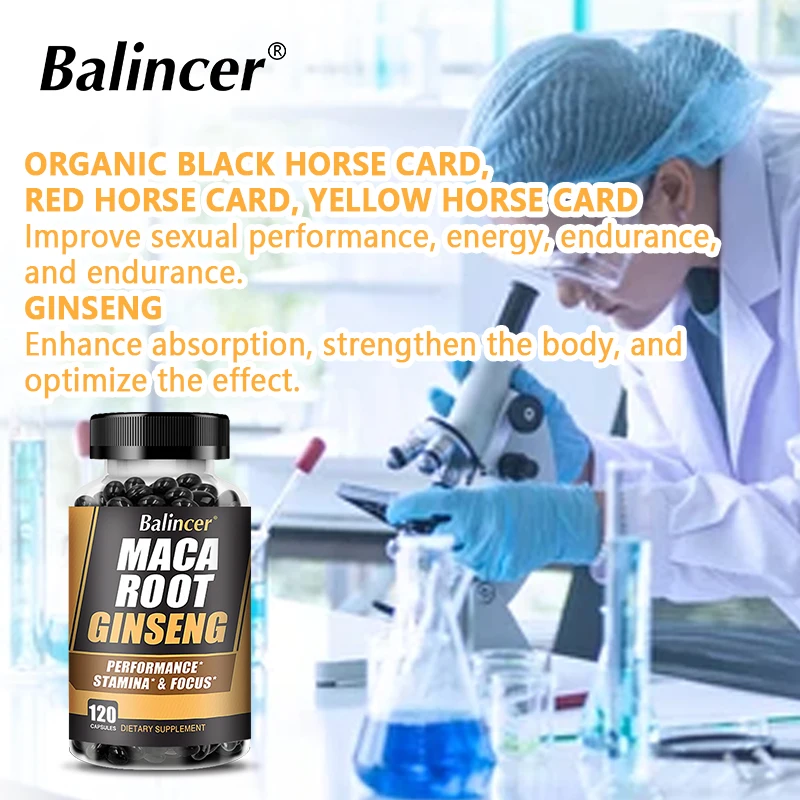 Maca Root Capsules (containing black maca) + red ginseng extract for women and men, reproductive health and natural energy suppl