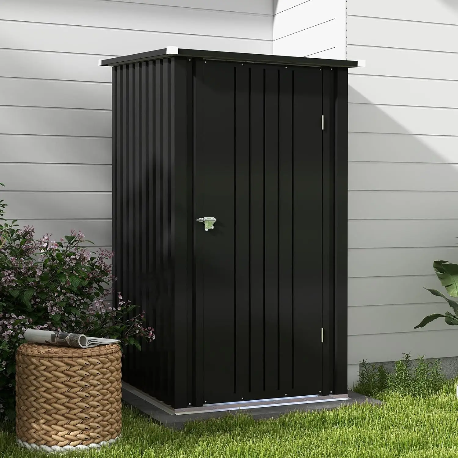 3 x 3 FT Small Outdoor Garden Storage Shed With Sloping Roof Lockable Single Door Compact Metal Tool Cabinet Storage Organizer For Backyard Garden Patio Lawn, Black