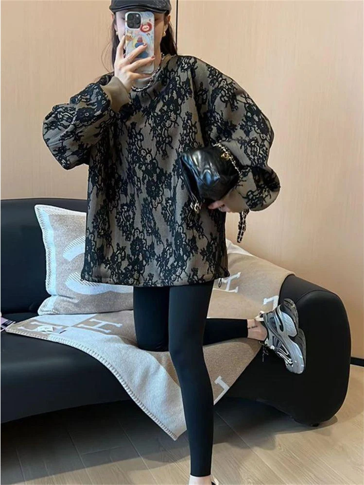 Felpa con cappuccio lunga Sve in pizzo retrò taglie forti 300 Pou Design unico Dstring da donna Unico piccolo irt coreano Sle rotondo Ne