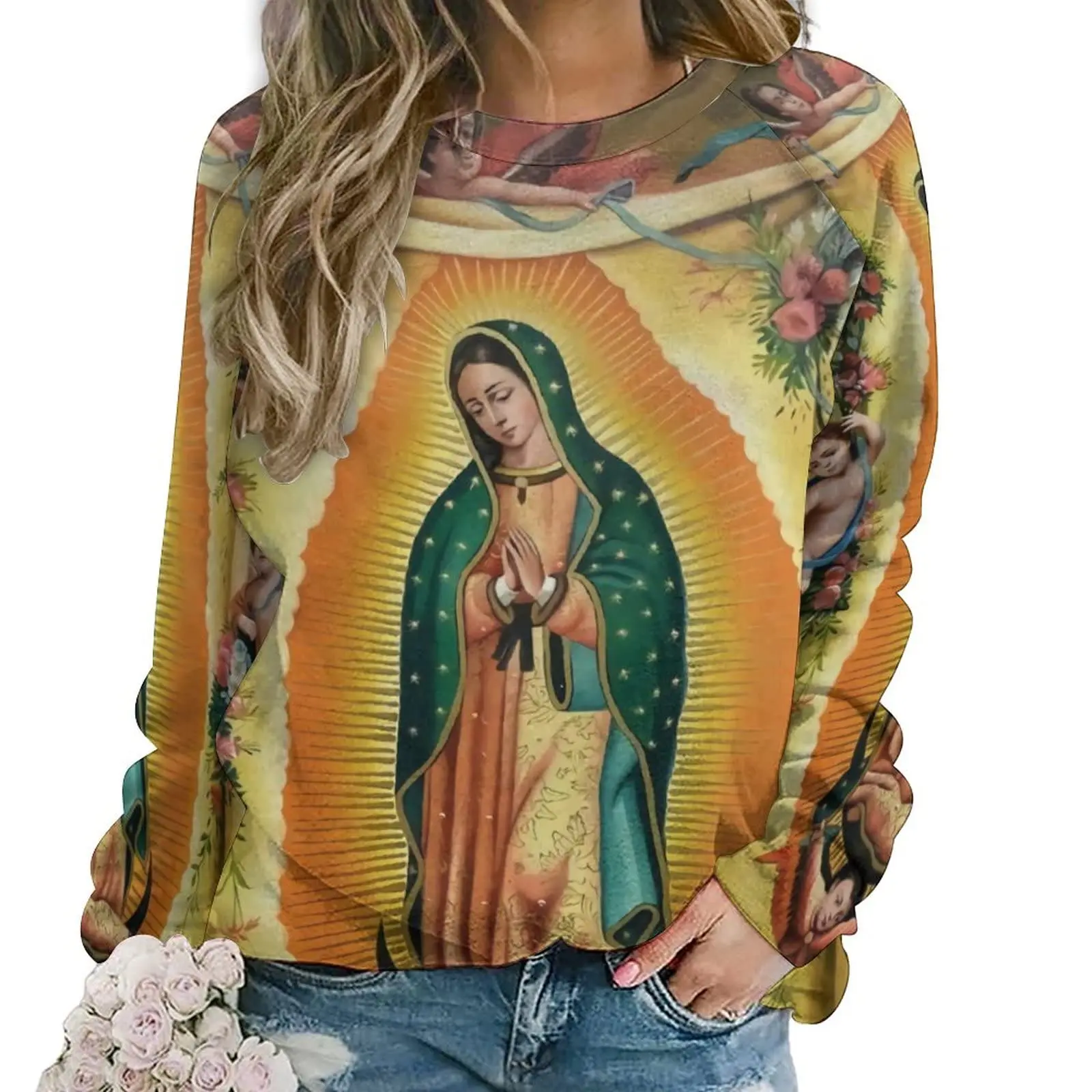 Virgin Mary Hoodies Long Sleeve Our Lady of Guadalupe Printed Crew Neck Pullover Autumn Loose Tees for Ladies Sweatshirt Blouse