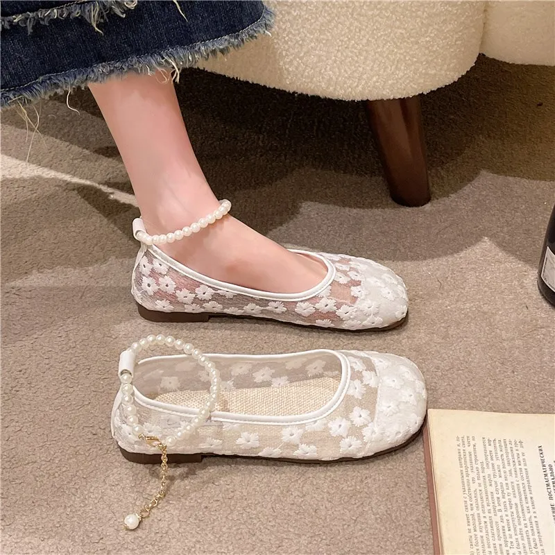 New Women\'s Breathable Mesh Summer Shoes Flower Casual Shallow Women Flat Shoes Luxury Pearl Fashion Flats Ladies Loafers