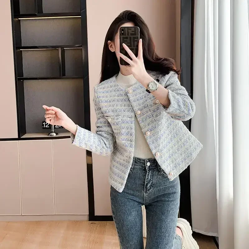 Elegant Cropped Tweed Jacket With Pearl Button French Style Design Sensibility Niche Loose-Fit Women's Spring Autumn New Model
