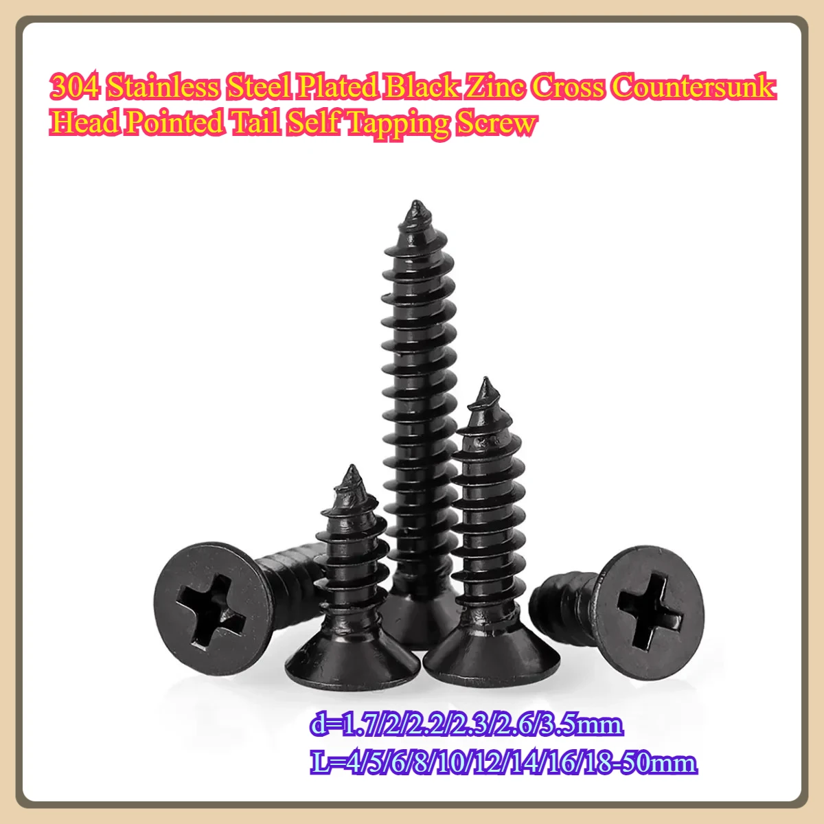 304 Stainless Steel Plated Black Zinc Cross Countersunk Head Pointed Tail Self Tapping Screw M1.7M2M2.6M3M4M5M6