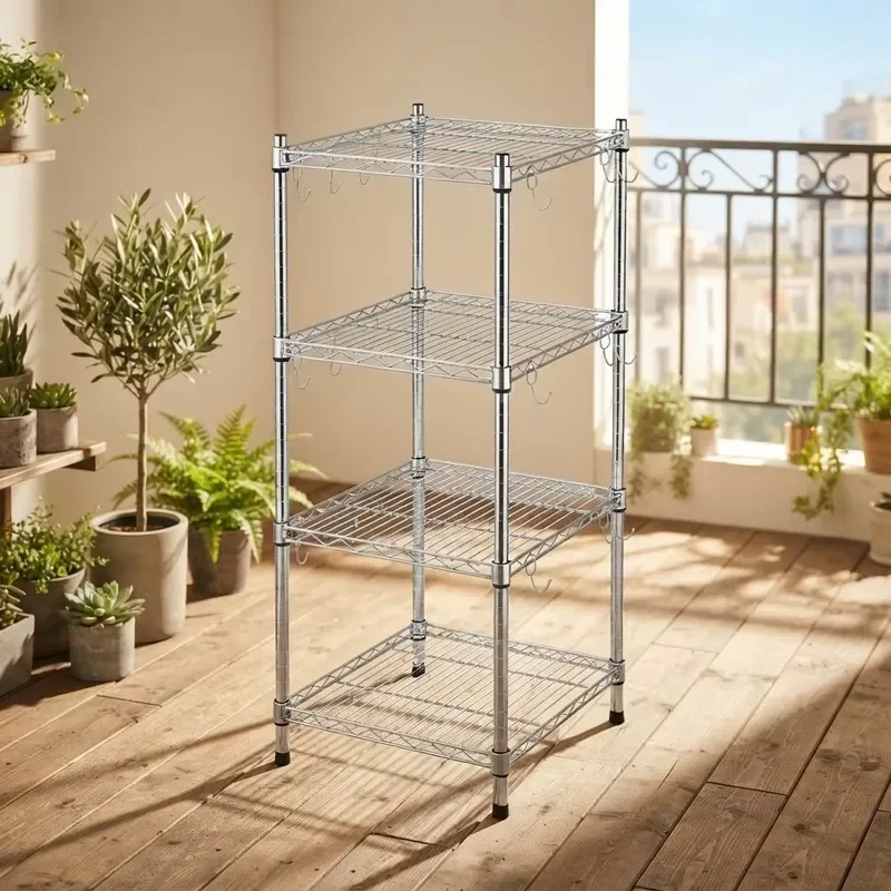Chrome Plated 4 Tier Adjustable Vertical Steel Wire Rack with Hooks for Kitchen Bathroom Living Room Shoe Tool Food Storage
