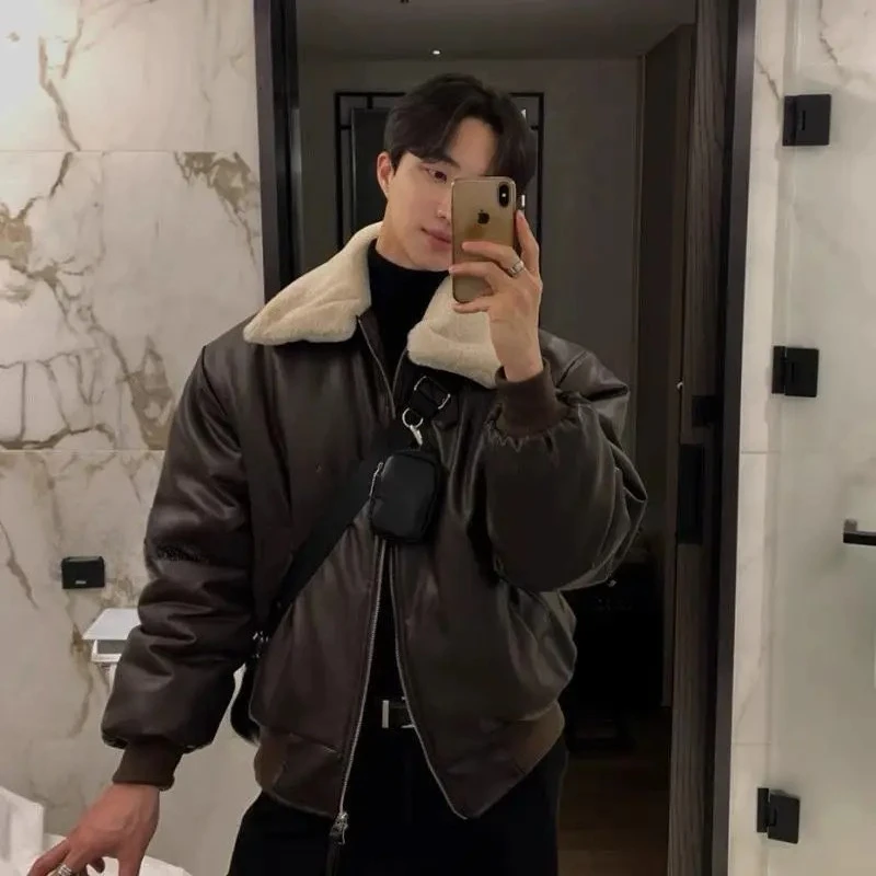 Pu Leather Parkas Coats Men Jackets Sherpa Pocket Zipper Fur Turn Down Collar Long Sleeves Thick Loose Casual 2025 Autumn Winter