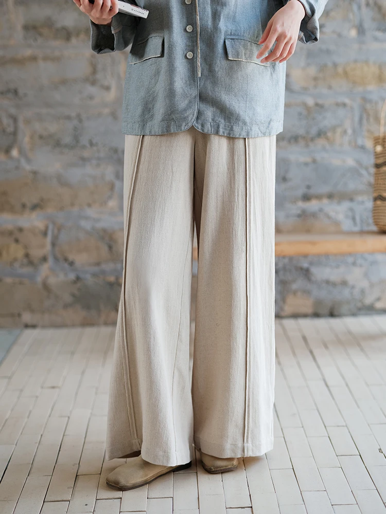 

Элитный комплект из хлопкового твила и льна: повседневные брюки с широкими штанинами для женщин, весенний сезон, с декоративными элементами на талии, модные летние.