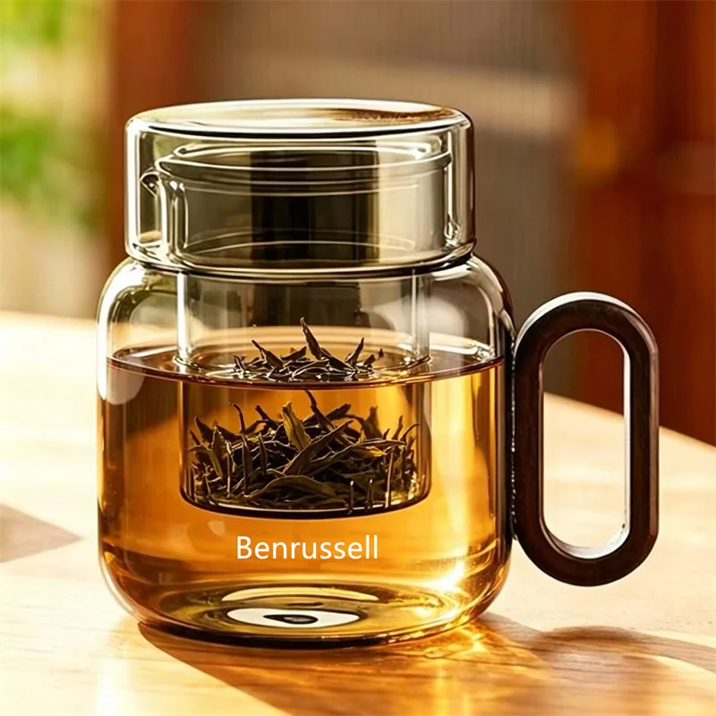 Taza de té de vidrio de 450 ml con mango de madera y filtro infusor, taza de té de vidrio transparente portátil para el hogar y la oficina, taza para preparar té verde de hojas sueltas