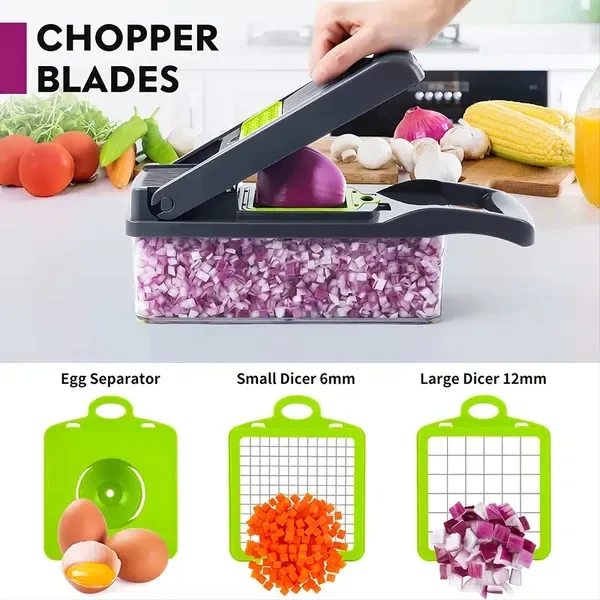 Vegetable Chopper Dicer with Container | Cheese Grater Mandoline Slicer Cabbage Shredder French Fry Cutter Stainless Steel for V