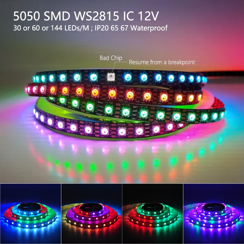 5M WS2815 Flexible LED Waterproof Lights Strip Individually Addressable Breakpoint Continue 30 60 144 Pixels/M Built-in IC DC12V