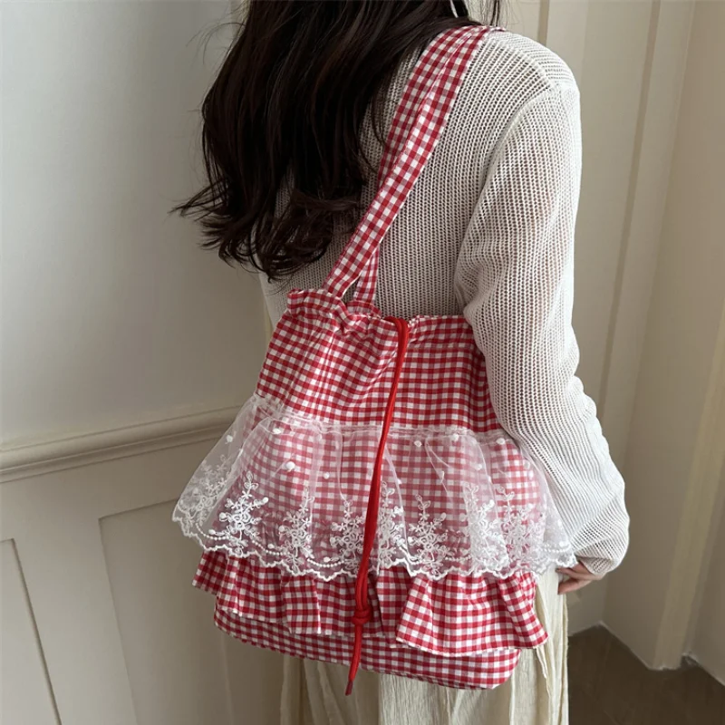

Lace-trimmed Plaid Shoulder Bag Korean Fashion Preppy Large Capacity Tote Bag Lightweight Versatile Drawstring Design Handbag