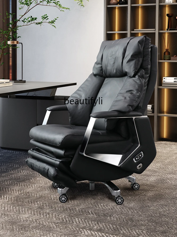 Office President Comfortable Genuine Leather Modern Simple Lifting Long Sitting Reclining Electric Executive Chair