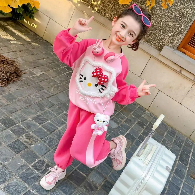 Sanrio Girl Hoodie Pants Suit Spring Autumn Fashion Child Baby Cute Sweet Cartoon Hello Kitty Three-Dimensional Bow Leisure 2Pcs