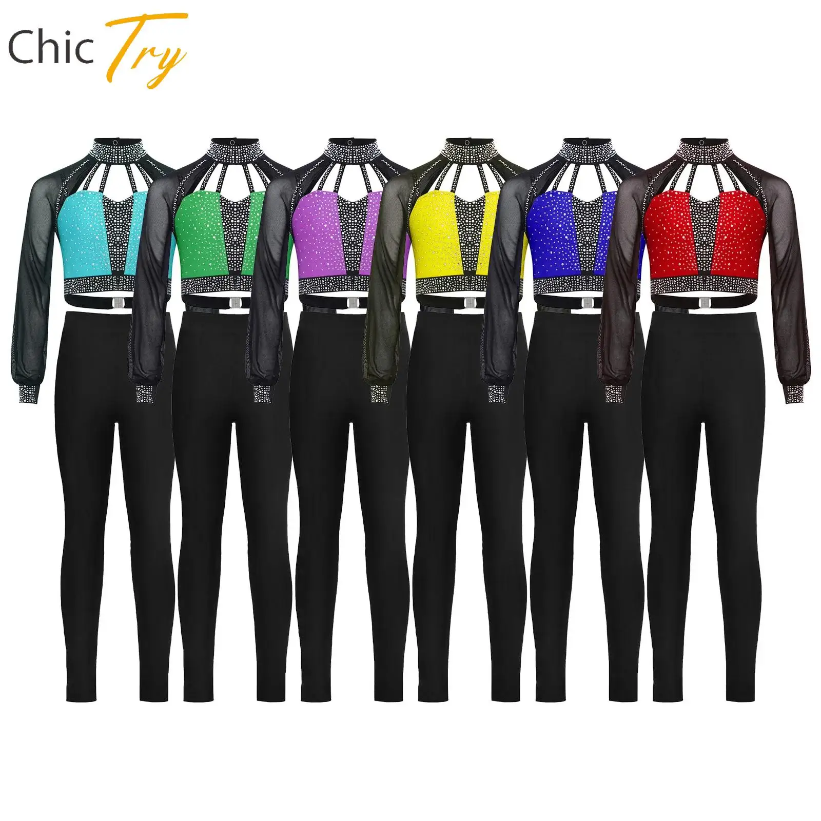 

Rhythmic Gymnastics Ballet Dance Outfit Girls Figure Skating Performance Sets Long Sleeves Rhinestones Crop Top+Leggings Sets