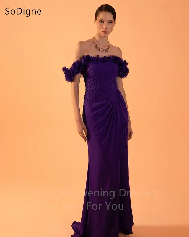 ชุดราตรีผ้าชีฟองสีม่วง SoDigne ประดับลูกไม้ ปิดไหล่ จับจีบ ชุดออกงาน ชุดราตรีงานพรอมสุดหรู สามารถสั่งตัดได้