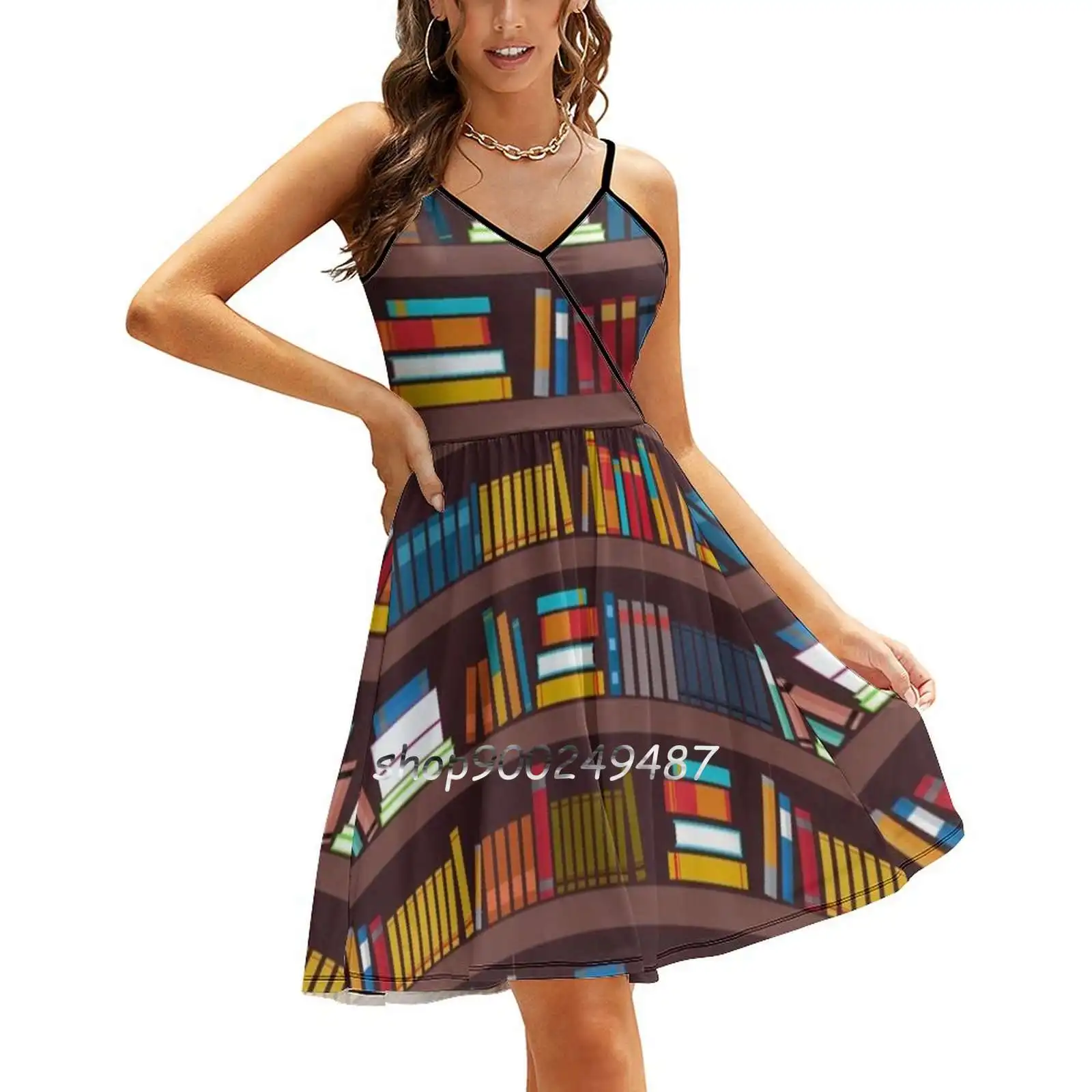 Book Pattern Sling Dress Sexy Dress Female High Waist Dresses For Women Book Read Bookshelf Khowlenge Education Study Bookshop