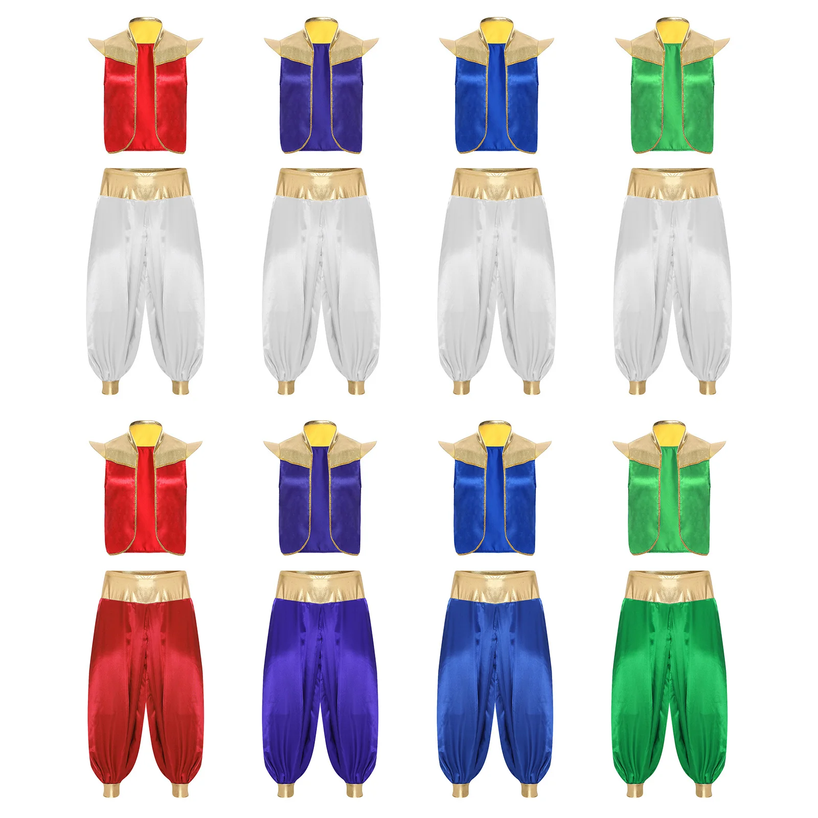 Mannen Arabische Prins Cosplay Kostuum Gouden Trim Open Voorzijde Vest Vlekvest Harembroek Pak Halloween Indiase Podiumdanskleding