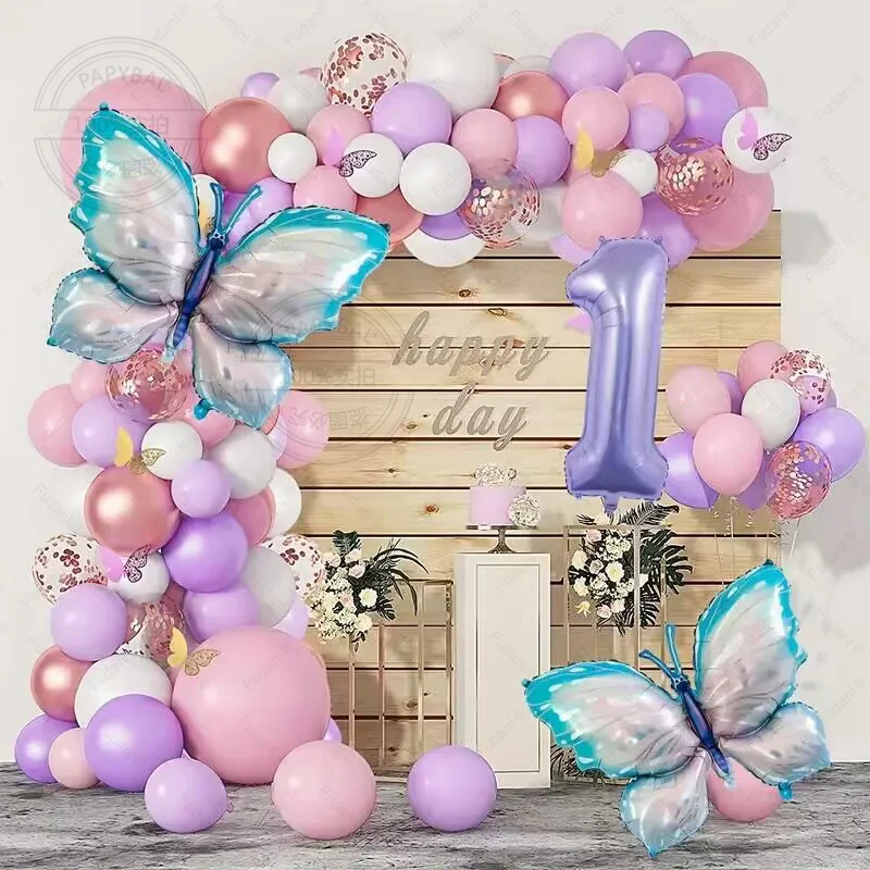 37Pcs Butterfly Macaroon Blue Pink Theme Garland Kits Number 1-9th Latex Balloons Baby Shower Birthday Party Decors Supplies