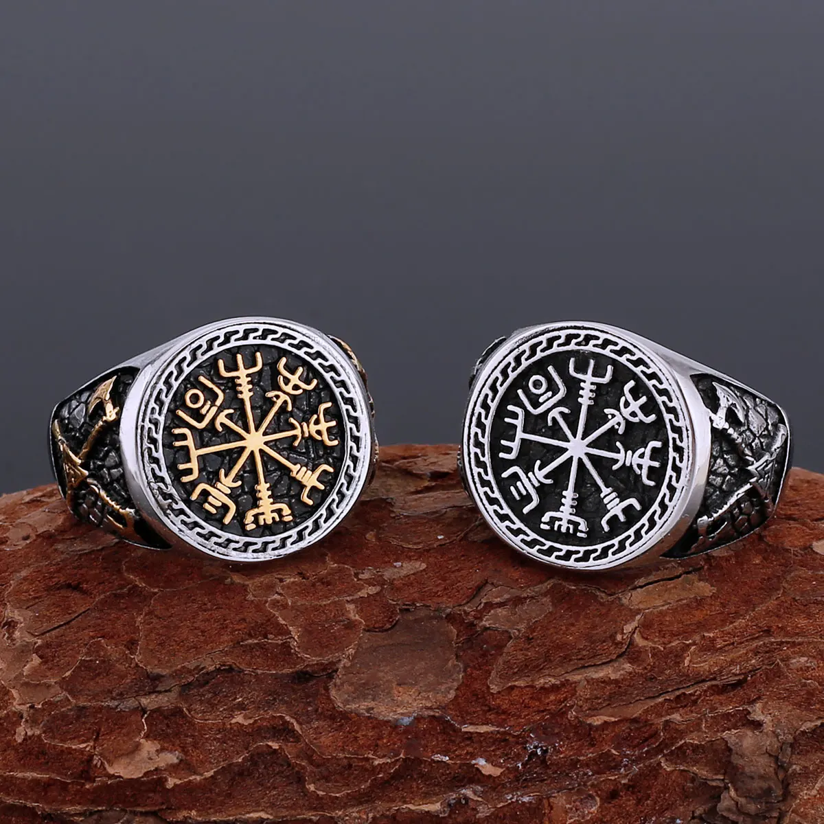 Nordic Stainless Steel Viking Compass Ring Scandinavian Warrior Weapon Axe Ring Gothic Punk Hip Hop Never Fade Jewelry