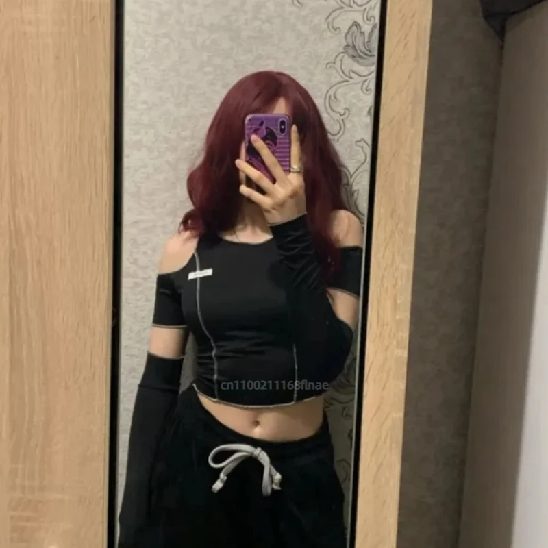 أنثى الشارع ملابس رقص أعلى قصيرة شبكة سوداء قاعدة قميص طويل الأكمام أعلى جوفاء خارج قبالة الكتف تي شيرت للنساء