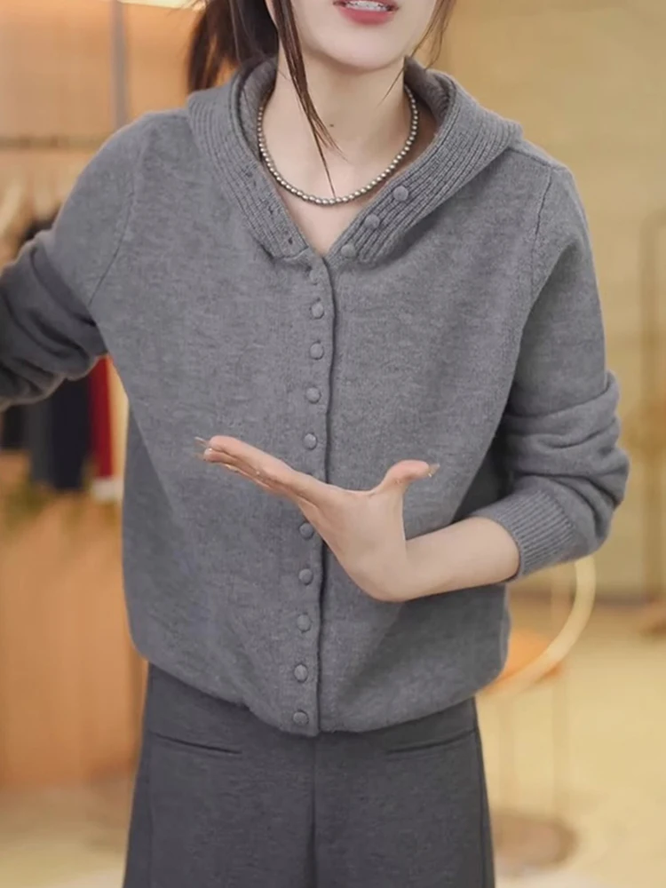 مقنعين سترة مشغولة من الصوف طويلة Sve عادية مريحة تصميم بسيط اللون جديد Sle المرأة سترة Jaet تخفيف Sle #2