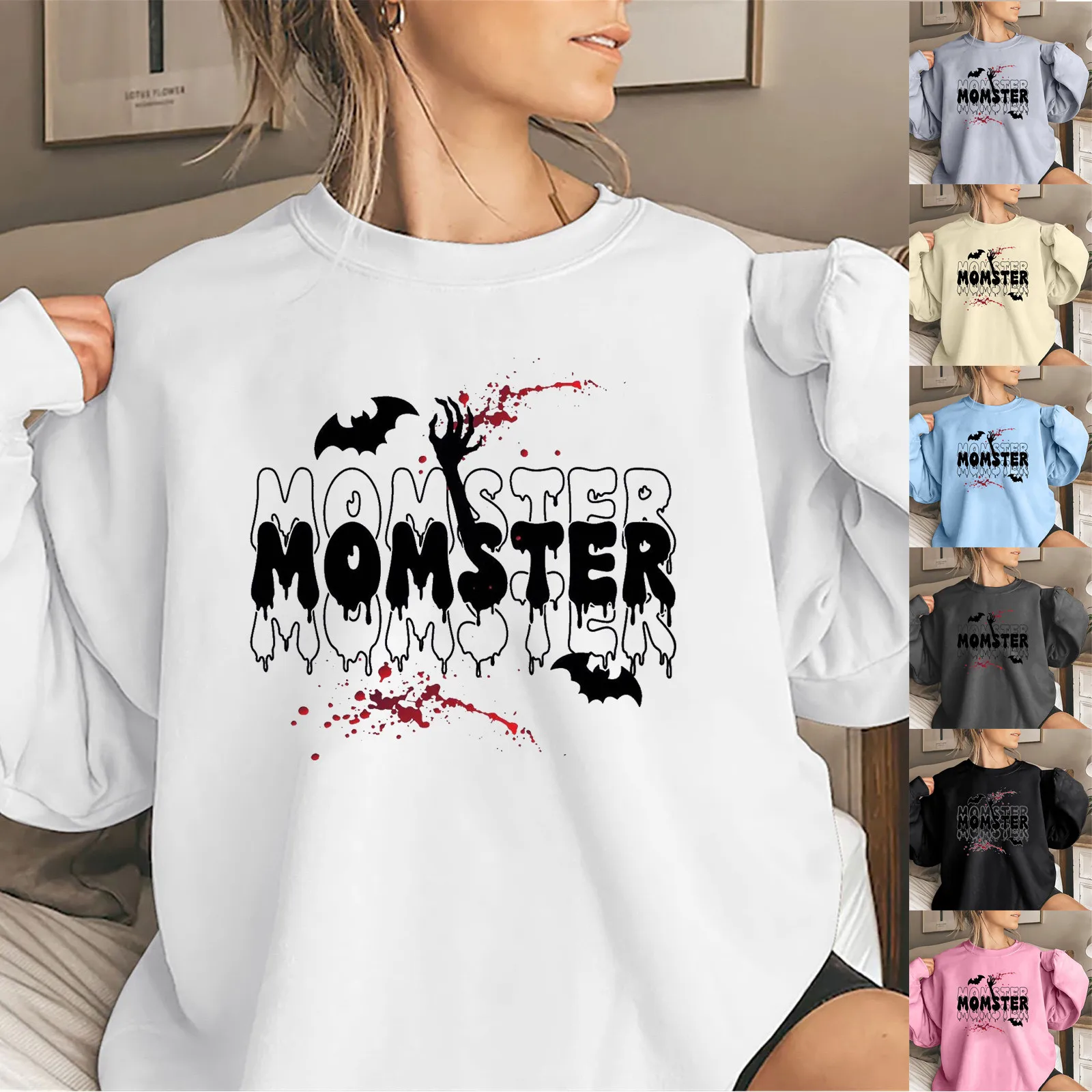 Women'S Halloween Printed Hoodie MOMSTER Letters Bat Print Personality Trend Pullover Round Neck Long Sleeve Fashion Hoodie