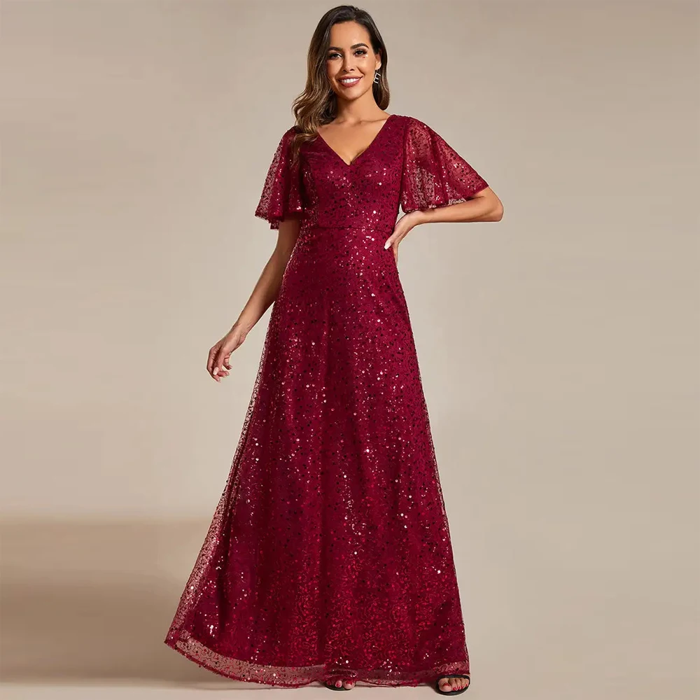 

BAZIIINGAAA Party Dress Shiny Sequin V Neck Evening Dress With Short Sleeves Evening Dresse