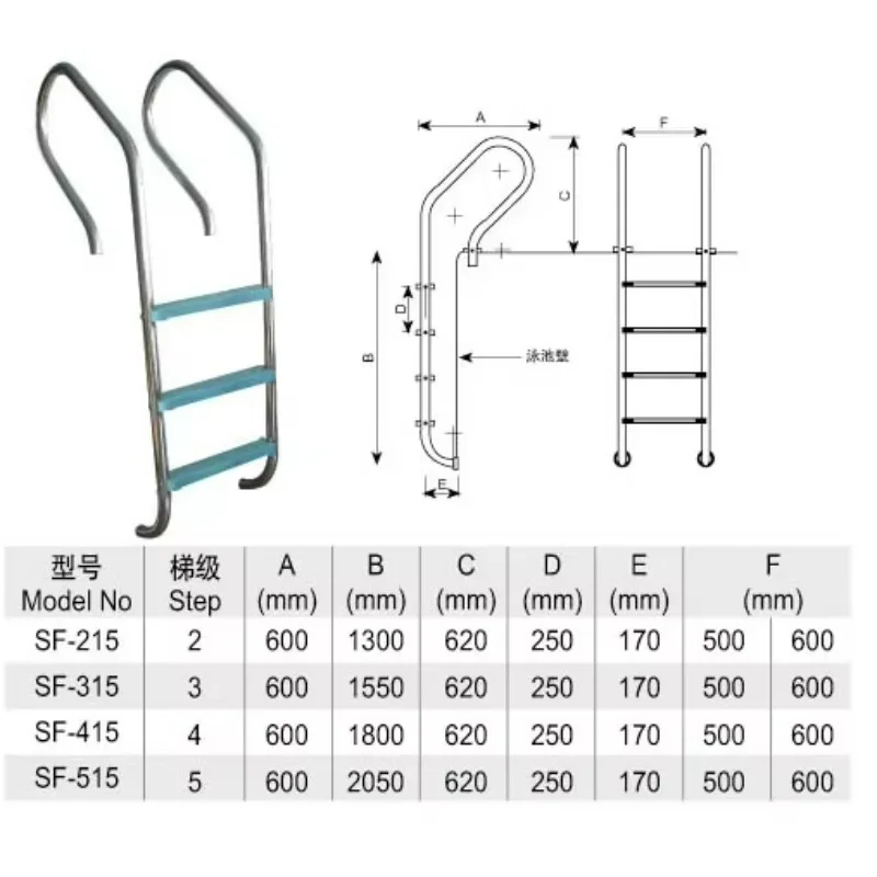 SS304 Stainless Steel Swimming Pool Climbing Ladder With Handrail, Adjustable Structure For Outdoor Leisure Family Swimming Pool