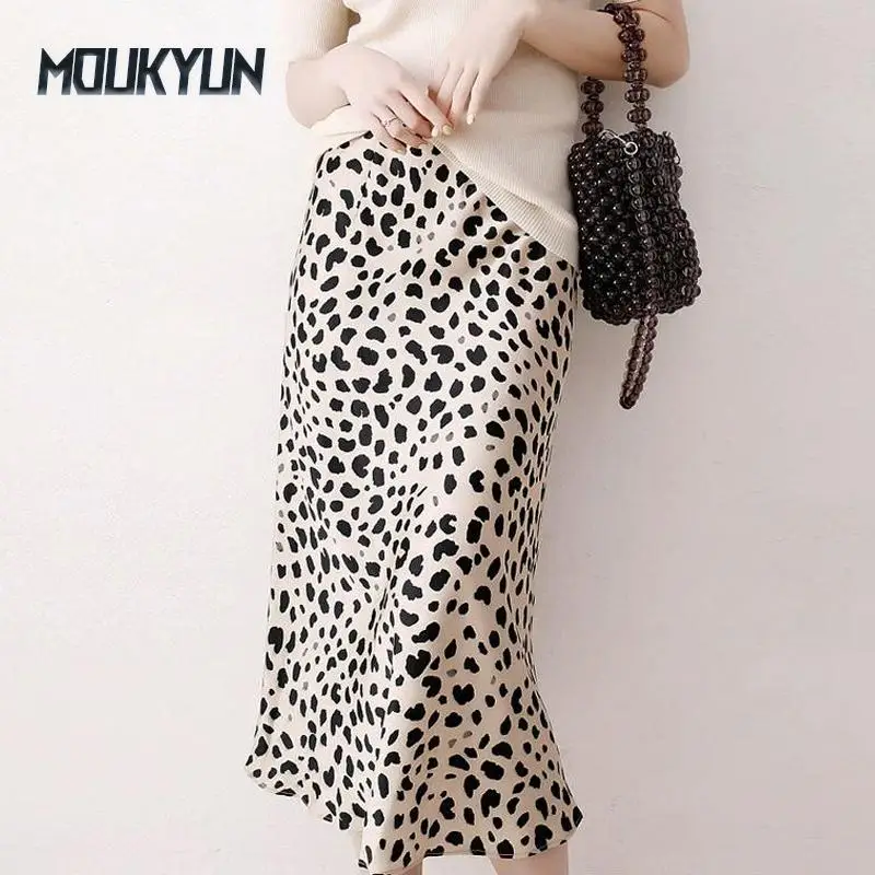

Women Summer High Waist Satin Leopard A-line Skirt Elegant Vintage Retro Fashion Midi Skirt