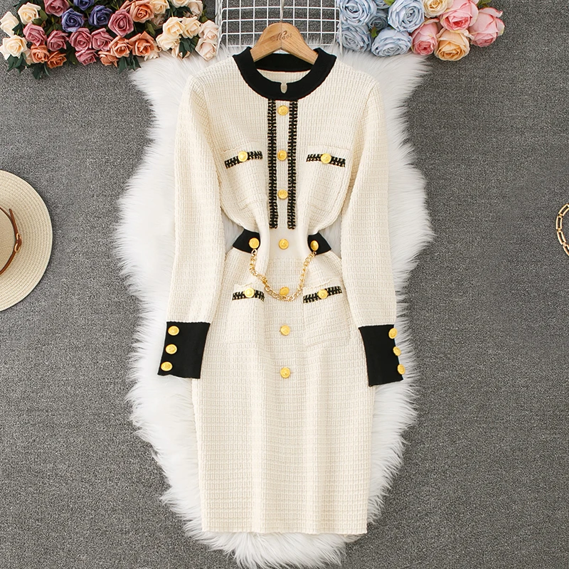 sweet Basic Slim CHAIN  lool sleeve o neck Dress  Vintage Korean Fashion Knit Vestido Women summer dresses