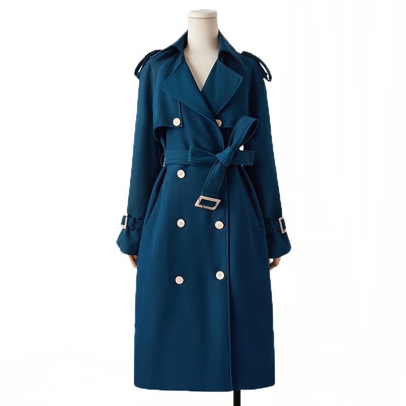 

Autumn New Brand Women Dark Blue Trench Coat Long Windbreaker Lady Fashion Trend Double-Breasted Slim Long New Female Trench