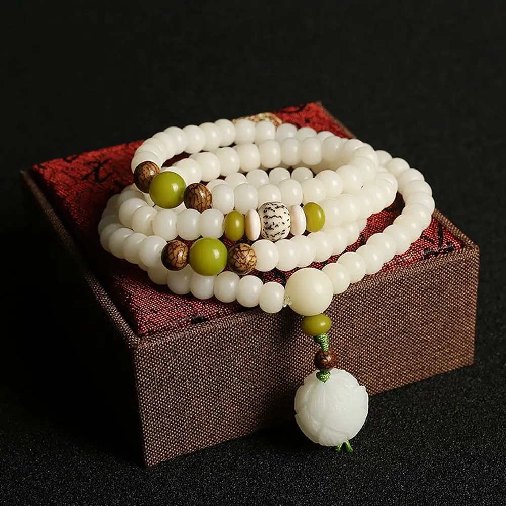 108 Buddha Beads Root Ethnic Necklace Lotus Pendant Beads Bracelets White Jade Bracelets Chinese Style Bracelets Personality