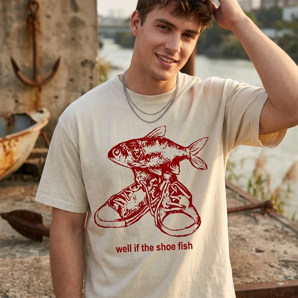 Men Well If The Shoe Fish Print T Shirt Vintage Acid Wash Funny Graphic Tee Streetwear Summer Short Sleeve Top Casual Fashion ﻿