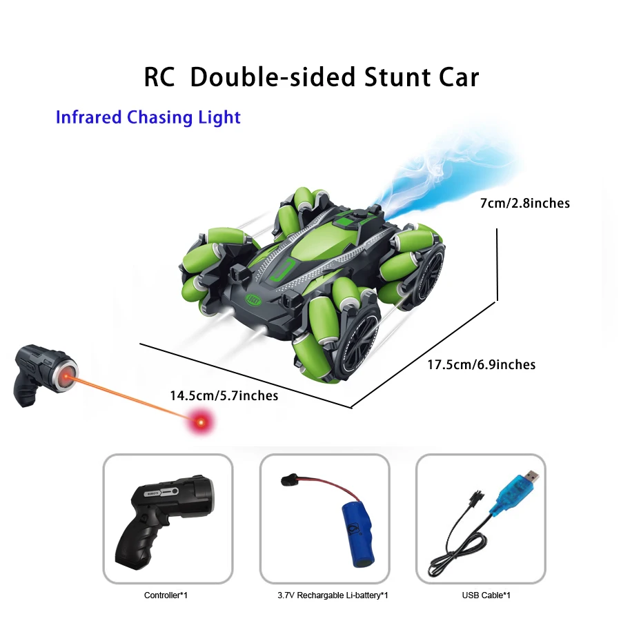 2.4G light chasing double-sided runable radio control stunt car with water spray function USB cable rechargable Li-battery for c