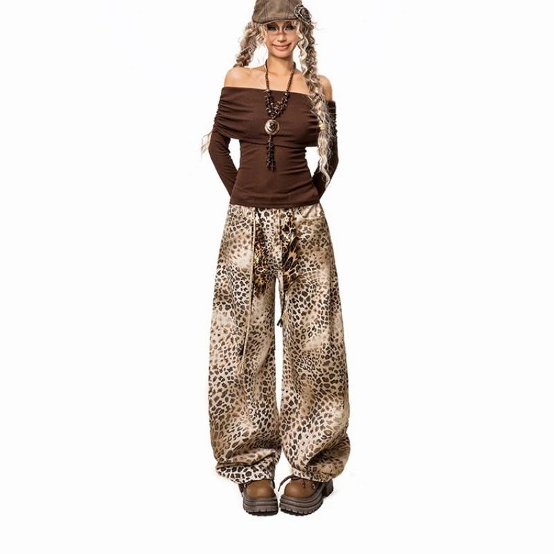 American Retro Leopard Print Women's Jeans Autumn Winter Jazz Sweet Cool Hot Girl Loose Versatile Straight Wide-Leg Pants Girl