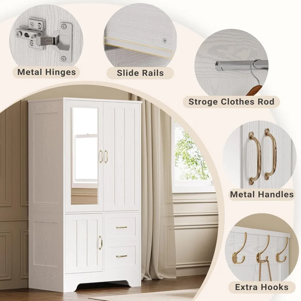 خزانة ملابس مع مرآة وأبواب وأدراج وأرفف، خزانة تخزين خشبية مع قضيب تعليق لغرفة النوم
