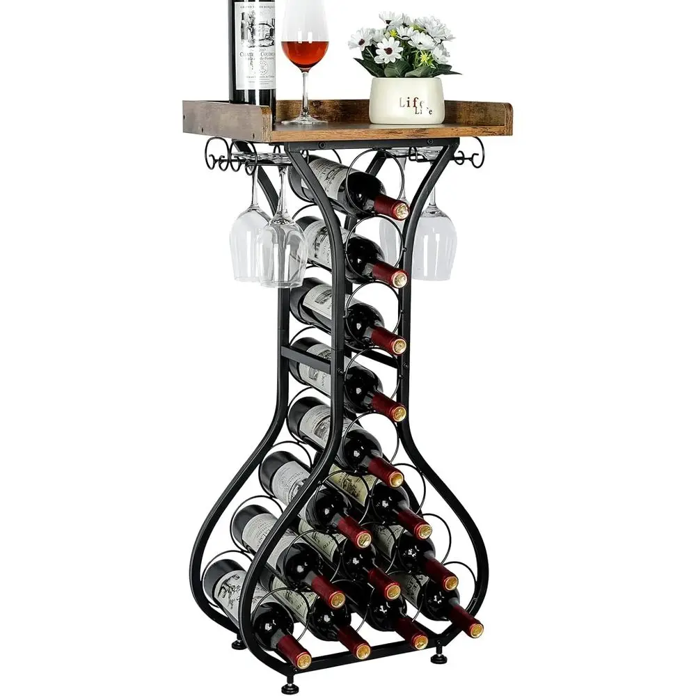 

Wine Rack reestanding loor, Mini Bar Table Wine Holder Stand Liquor Cabinet with Glass Holder Wood Tabletop 14 Bottles loor Wine