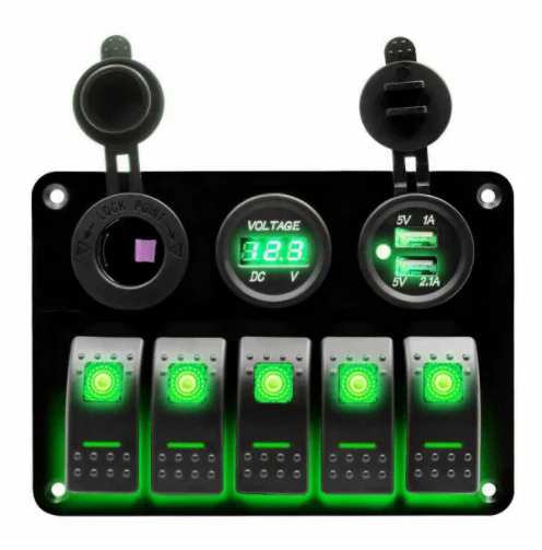 TYTXRV 12V-24V 5-way RV marine switch panel green backlit rocker arm switch panel for car RV car truck
