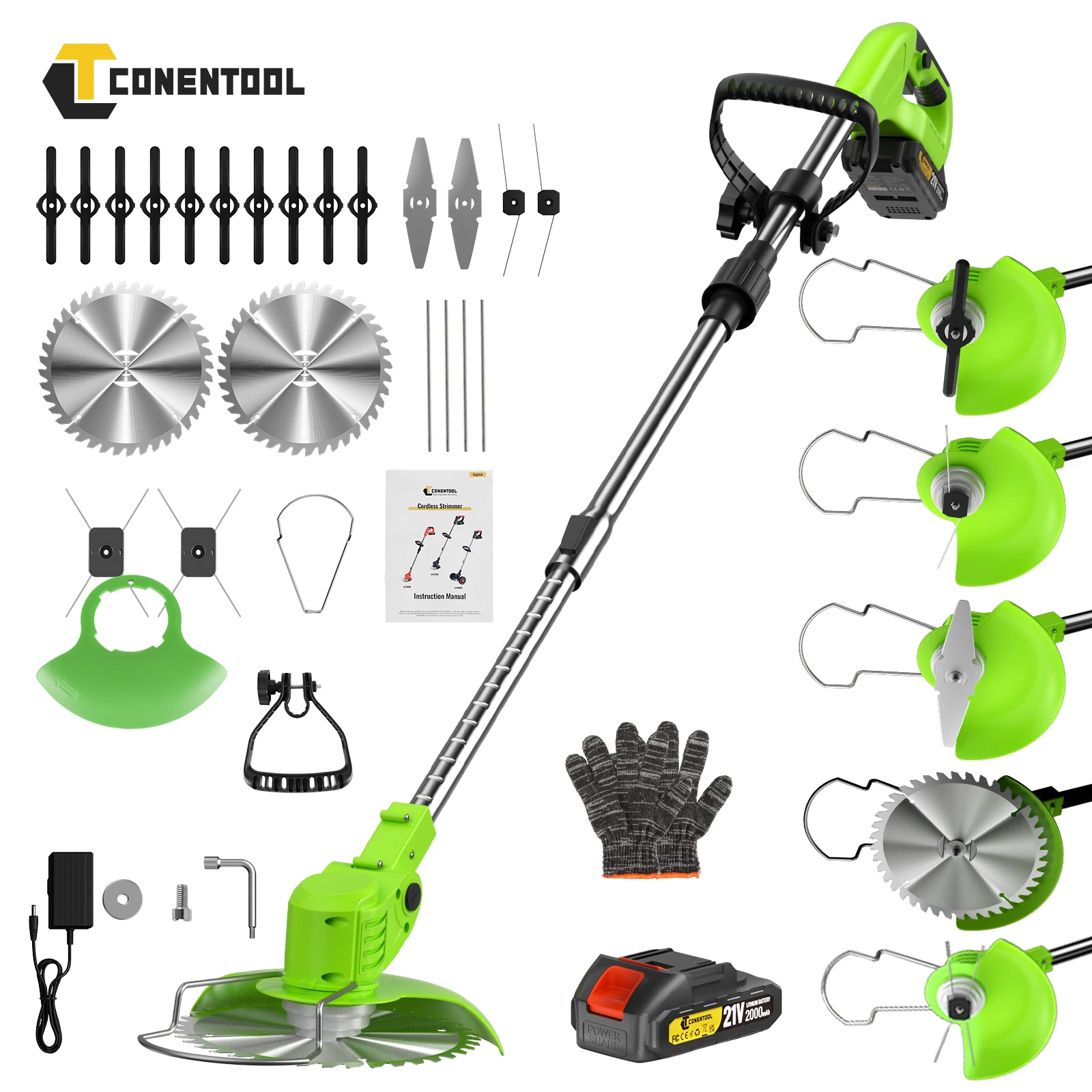 CONENTOOL Akku-Rasentrimmer 21V 650W 8500RPM Elektrischer Rasenmäher 6 Zoll Faltbar Teleskopisch mit 5 Klingentypen